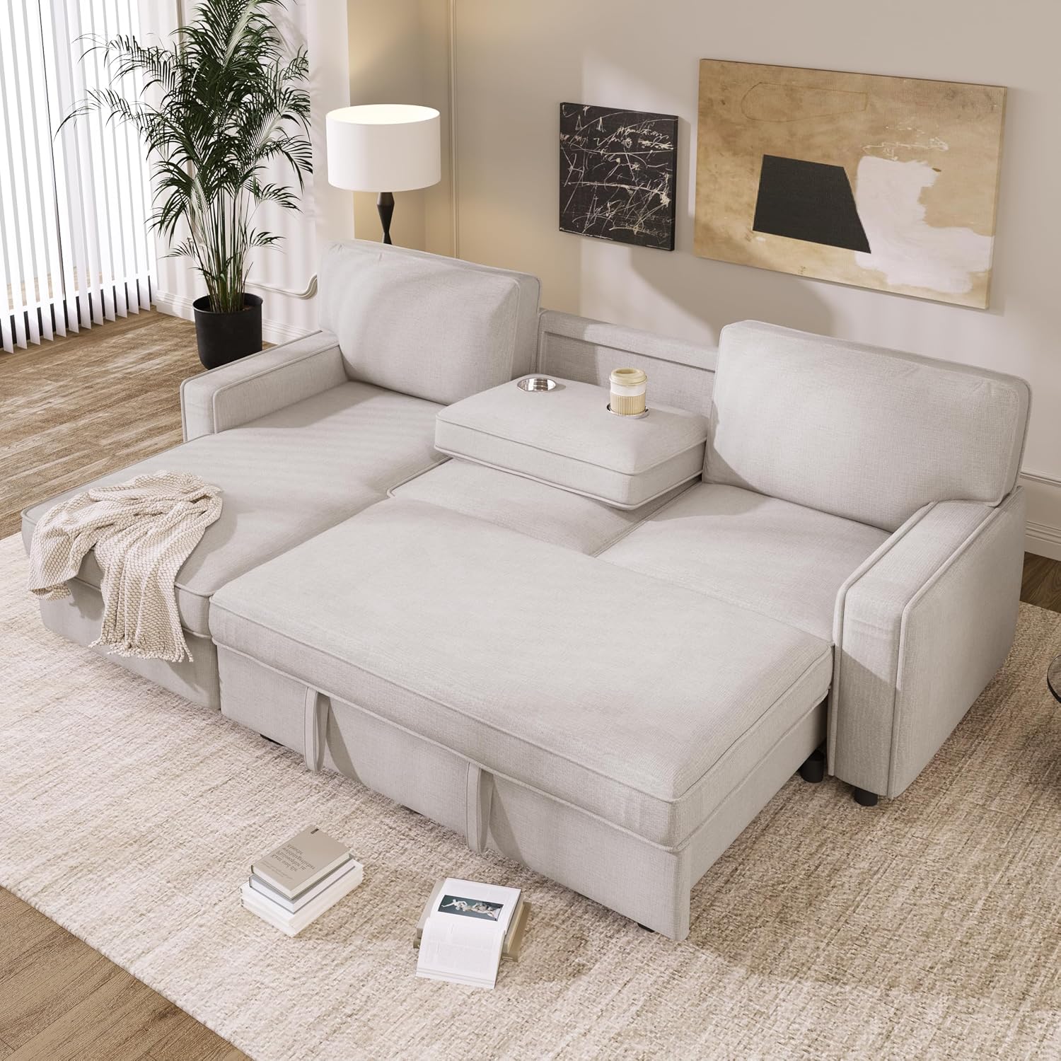 Ball & Cast 89' Sleeper Sofa, L Shaped Sectional Couch with Pullout Bed & Reversible Storage Chaise,Upholstered Sofa Bed with 2 Cup Holders & USB Port,Pull Out Couch for Living Room, Apartment,Beige