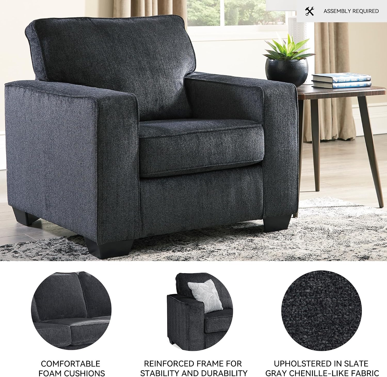 Signature Design by Ashley Altari Modern Chair, Reinforced Frame For Added Stability, Loose Seat Cushions, Back Height 37', Seat Height 20', Arm Height 26', Chenille Fabric, Dark Gray