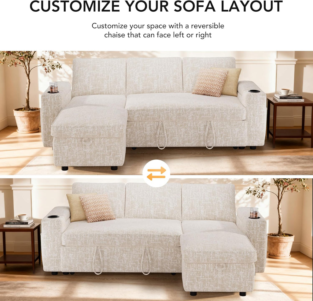 Sunny Heart L-Shaped Sleeper Sofa with Pull Out Bed, 82' Sectional Couch with Reclining Backrest, Reversible Storage Chaise, Armrest Storage, Cup Holders, and Side Pockets, Tool-Free Assembly, Beige