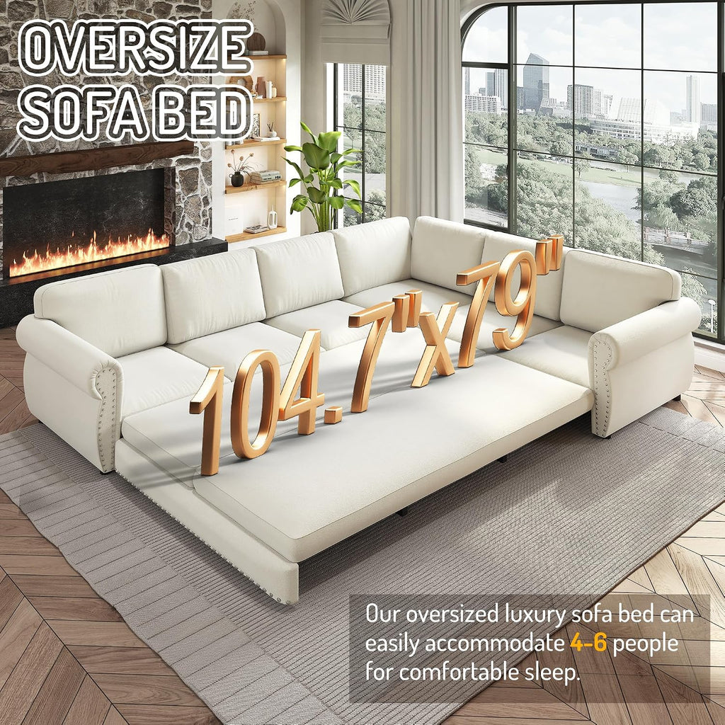 118'' Pull Out Couch, Convertible Sleeper Sofa Bed, Upholstered Sectional Sofa, Chenille L-Shaped Couch with Nailhead Trim, 6-Seater Modern Sectional Couches for Living Room, Apartment, Beige