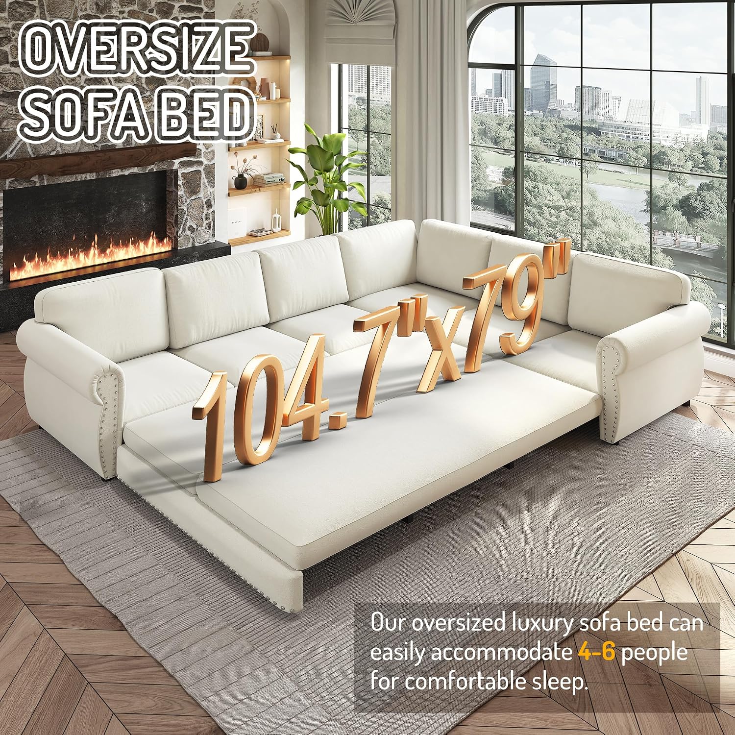 118'' Sleeper Sofa Bed, Convertible Pull Out Couch, Upholstered Sectional Sofa, Chenille L-Shaped Couch with Nailhead Trim, 6-Seater Modern Sectional Couches for Living Room, Apartment, Beige