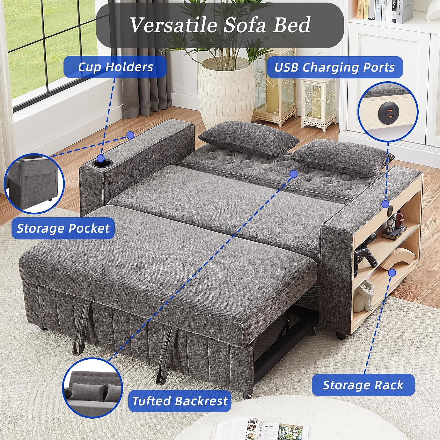 Merax Pull-Out Sleeper Sofa Bed with Reversible Backrest and Two Throw Pillows, 3 in 1 Foton Couch with USB Ports & Cup Holder, Chenille Loveseat with Storage Shelves for Living Room, Grey