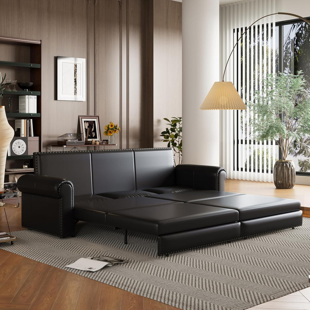 93.7' King Size Sofa Bed Couch,PU Leather 3-in-1 Convertible Pull Out Sleeper Sofa Bed,Chesterfield Sofa with Nailhead Trim and Rolled Arm,Black