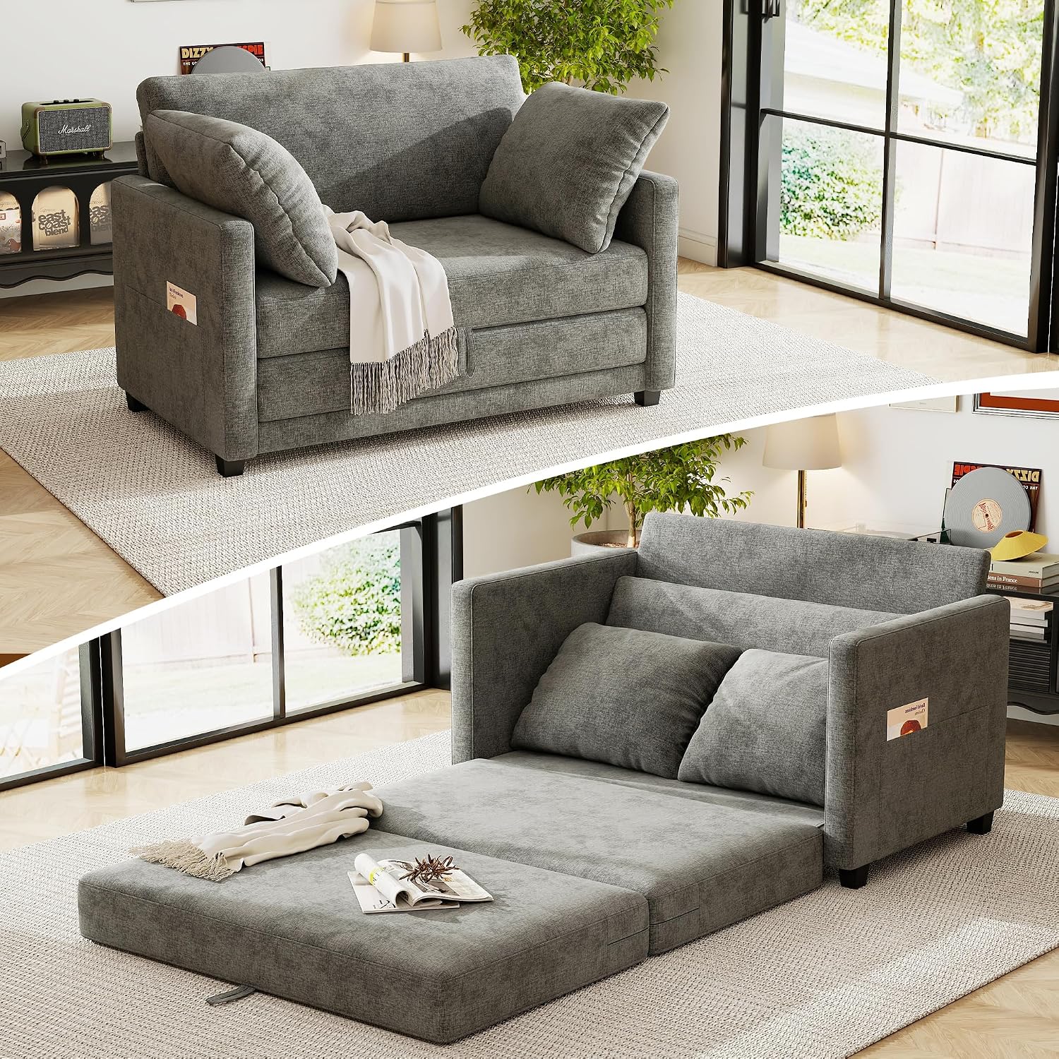 51' Loveseat Sleeper Sofa Bed, Chenille Convertible Floor Sofa Bed for Small Spaces, Folding Couch Bed with Deep Seat, 2 Pillows & Solid Frame, Pull Out Floor Couch for Living Room, Grey