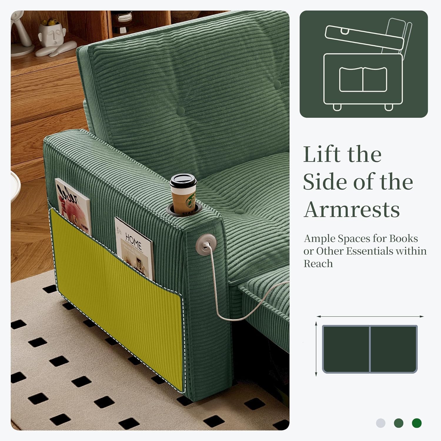 73' Queen Size Sofa Bed, Loveseat Sleeper Sofa with Pull Out Bed, Pockets and USB, Modern 2 Seater Convertible Small Couch for Living Room Bedroom Apartment (Green, Corduroy)