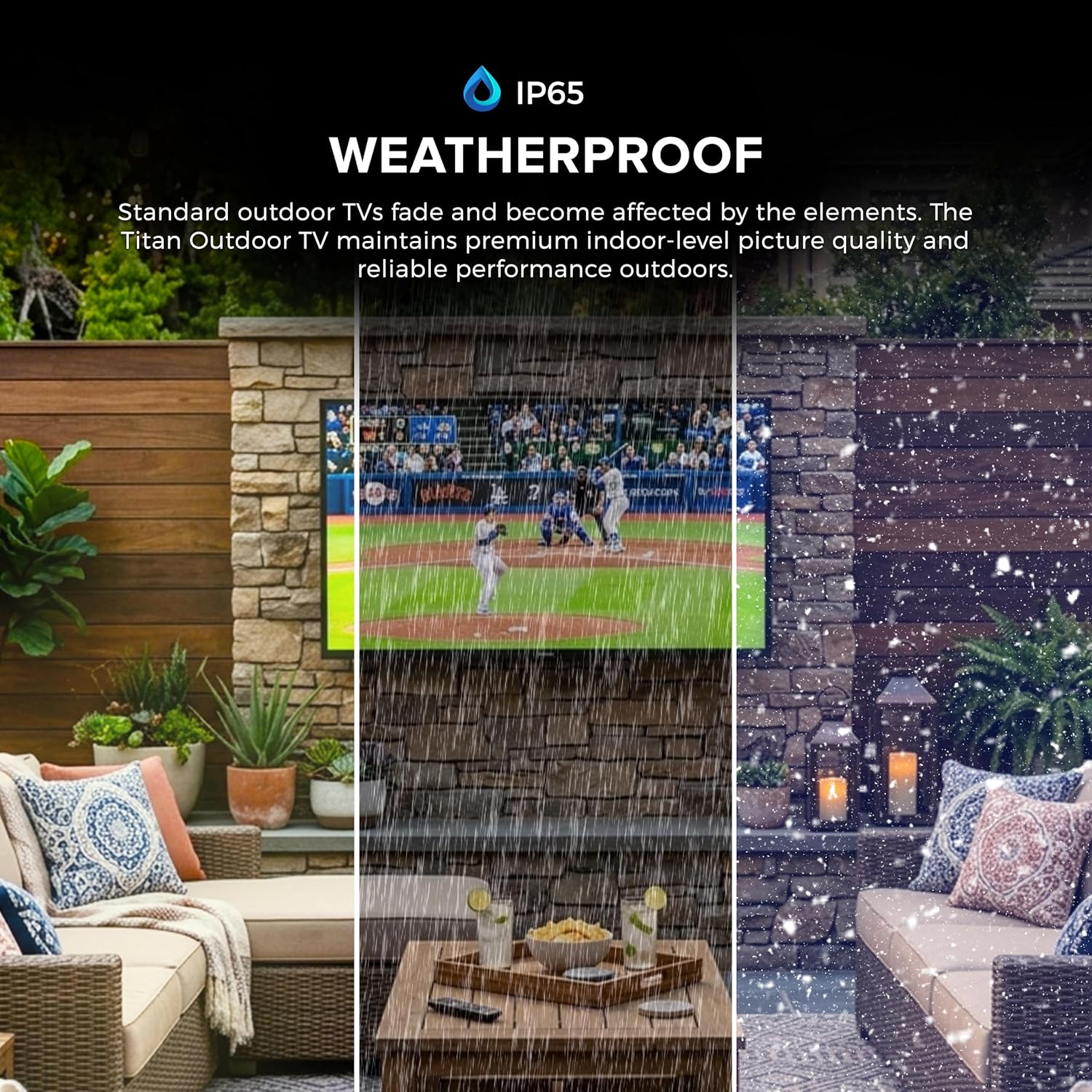 Titan L100 QNED 65 Inch Outdoor TV, Covered Patio, IP65 Smart Weatherproof TV, 4K HDR, 60 Hz, Web AI OS, Wi-Fi 5,Dolby Digital, Outdoor TV Cover, Slim Bezel, 2 Yr Wty