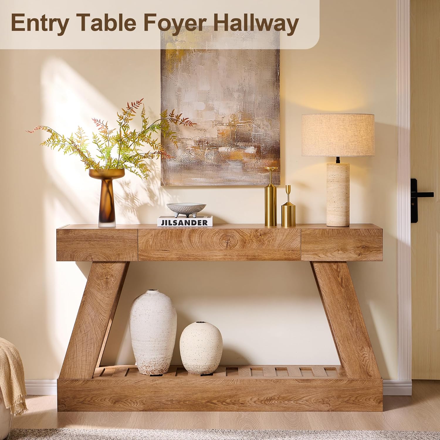 60' Farmhouse Entryway Table with Drawer, Wooden Hallway Foyer Table with Heavy Duty Base, Sofa Table for Living Room(Light Knotty Oak)