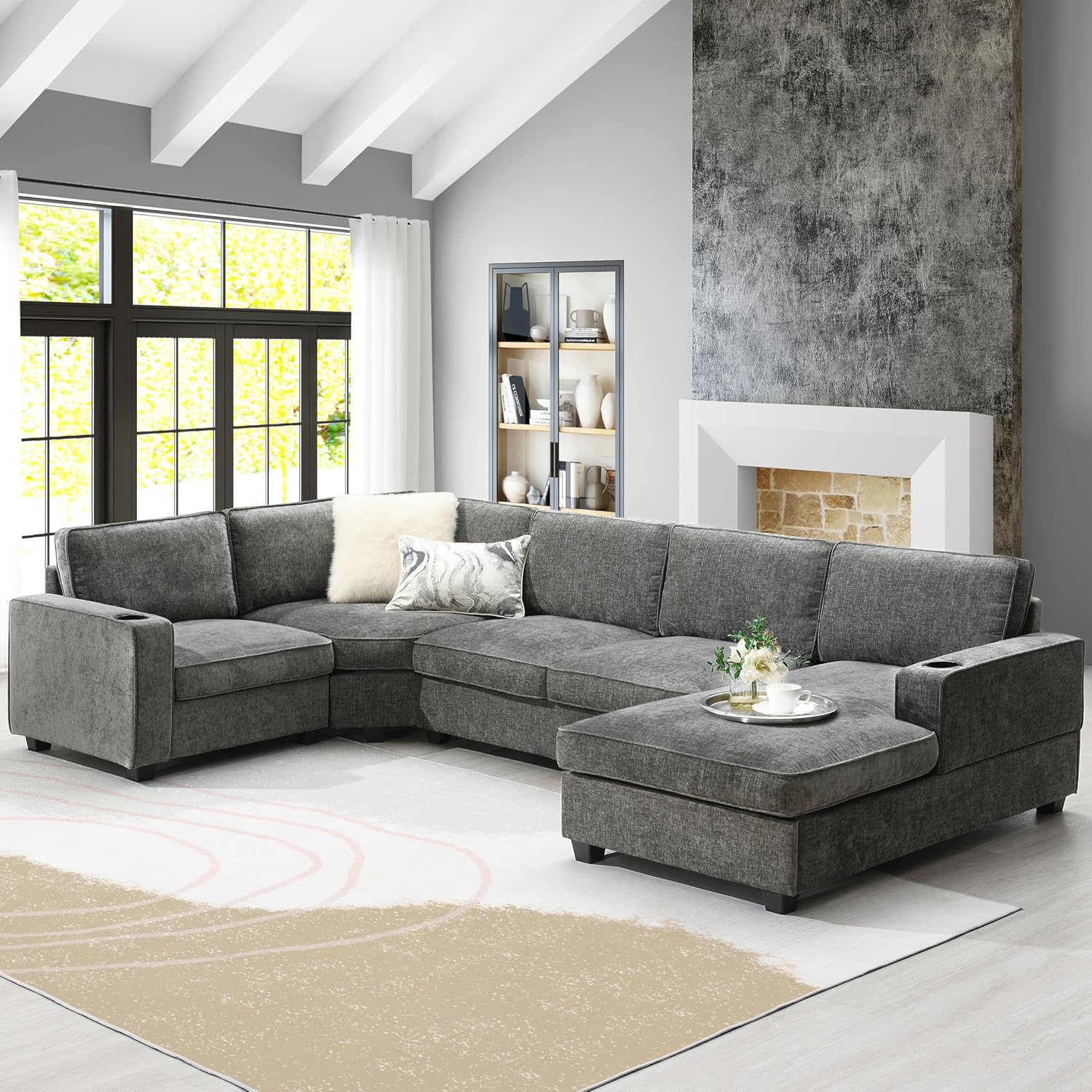 Merax Modern U-Shaped Cloud Couch Set with Oversized Chaise Lounge, Chenille 6-Seat Sectional Sofa Sleeper Bed with Cup Holders for Living Room Dark Gray