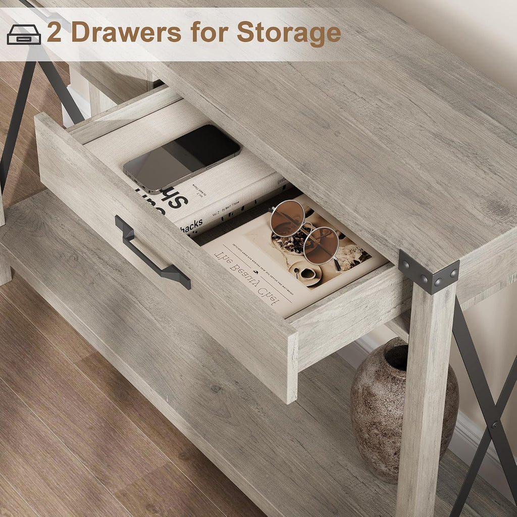 IDEALHOUSE Console Table with 2 Drawers, Farmhouse Entryway Table with Storage Shelf, Accent Wood Sofa Table for Living Room, Hallway, Foyer-Grey (WCT001)
