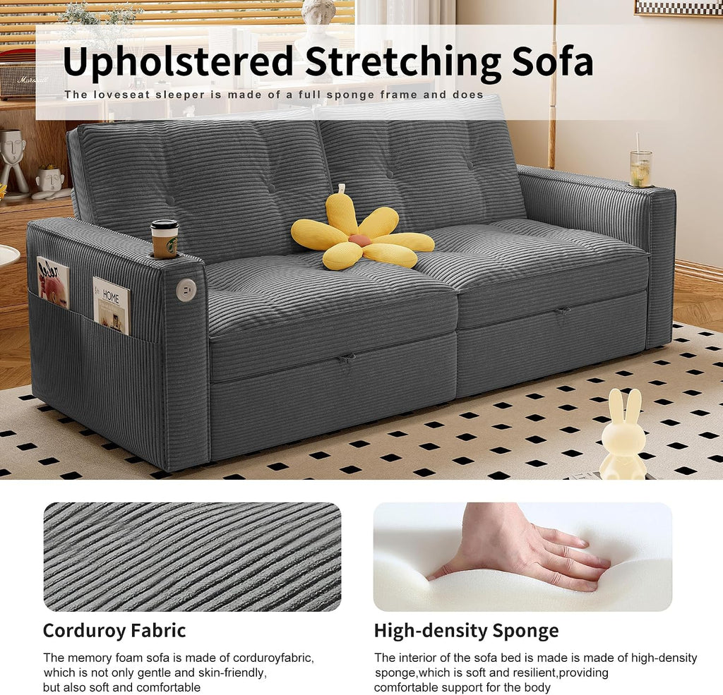 73' Queen Size Sofa Bed, Loveseat Sleeper Sofa with Pull Out Bed, Pockets and USB, Modern 2 Seater Convertible Small Couch for Living Room Bedroom Apartment (Gray, Corduroy)
