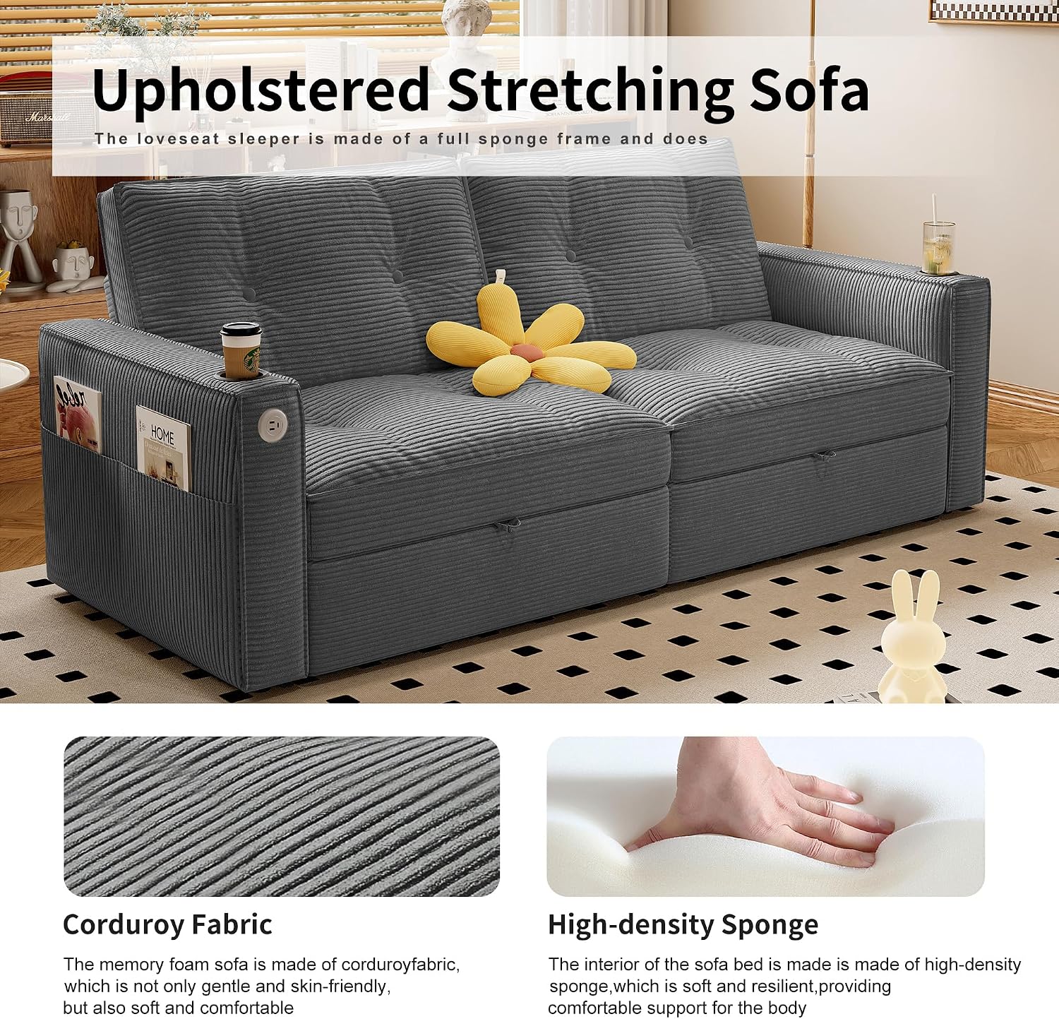 73' Queen Size Sofa Bed, Loveseat Sleeper Sofa with Pull Out Bed, Pockets and USB, Modern 2 Seater Convertible Small Couch for Living Room Bedroom Apartment (Gray, Corduroy)