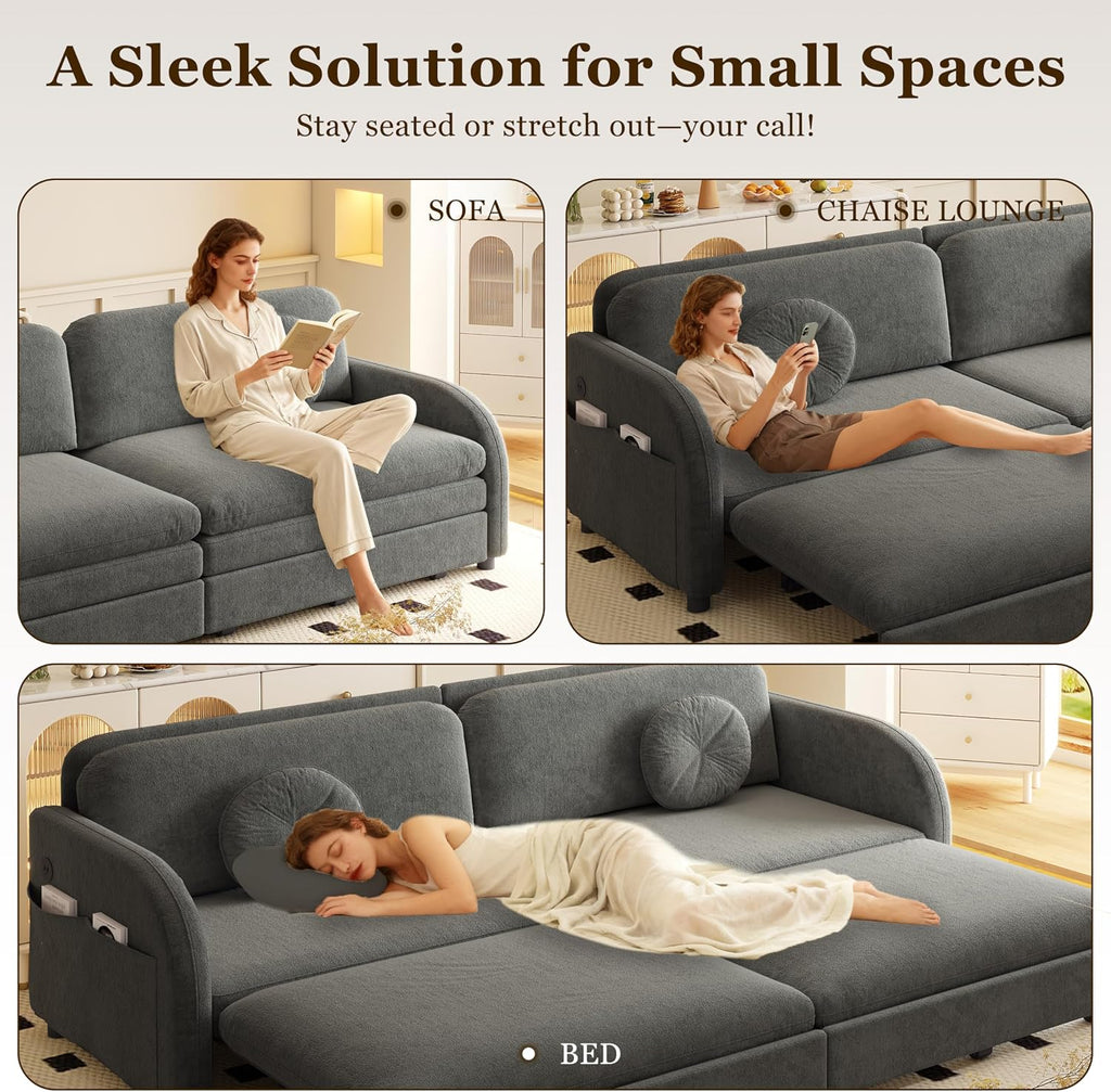 65.4'' Pull Out Couch Bed Queen Size, Chenille Sleeper Sofa Daybed, 3 in 1 Convertible Couches, Futon Sofa with 2 Pillows, Storage Pockets, USB, Loveseat for Small Spaces, Living Room, Grey