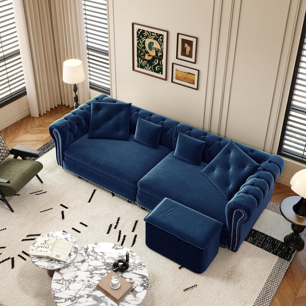 Eafurn 3 in 1 Oversized Chesterfield Loveseat Sofa Convertible Pull Out Sleeper Sofabed King Size Couch Bed w/Movable Ottoman and Nailhead Trim for Living Room Tufted Velvet Recliner Daybed Sofacama