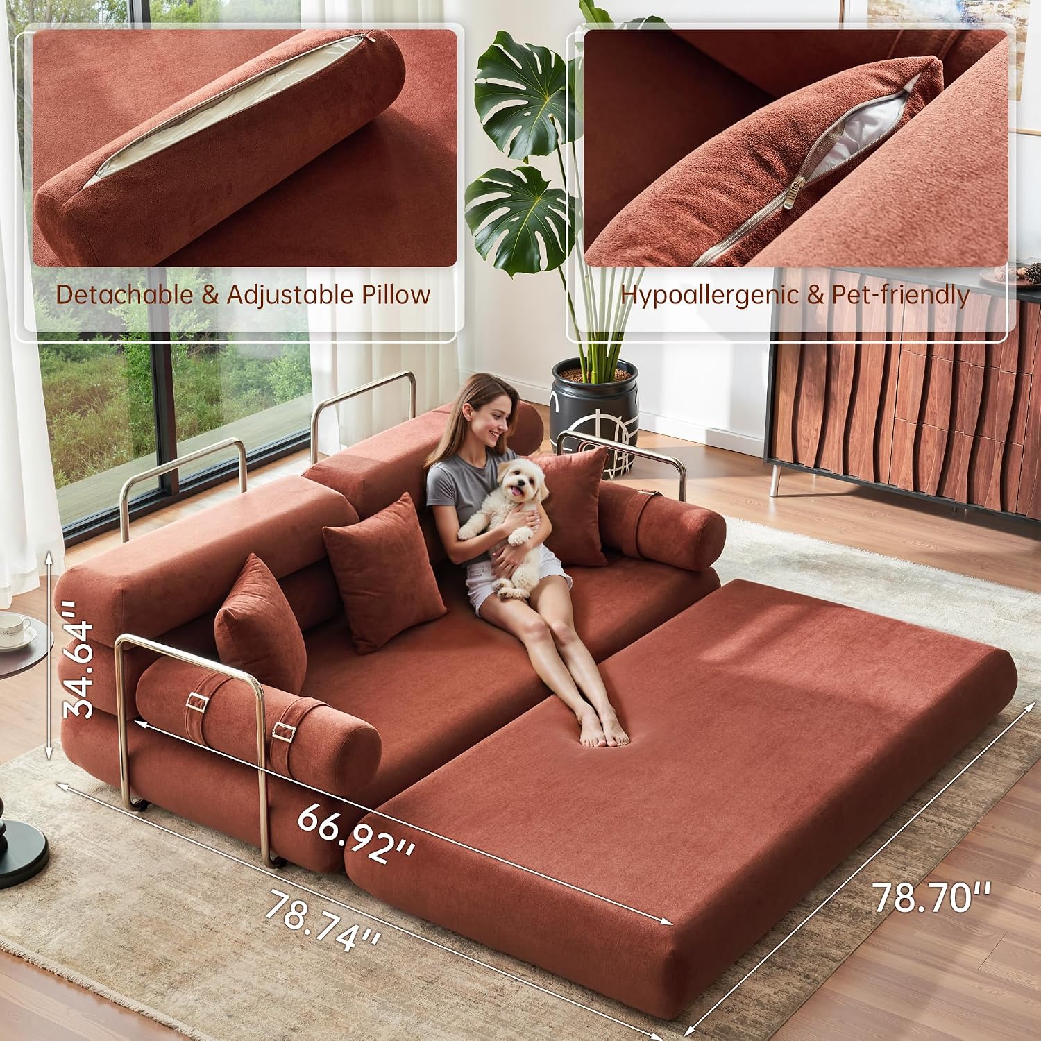 YINIX Convertible Sleeper Sofa - 35'' High-Back Floor Couch Bed - Folding Sofa Bed with Rounded Arm Supports - Floor Sofa Lounge Sofa Bed for Living Room Bedroom - Orange