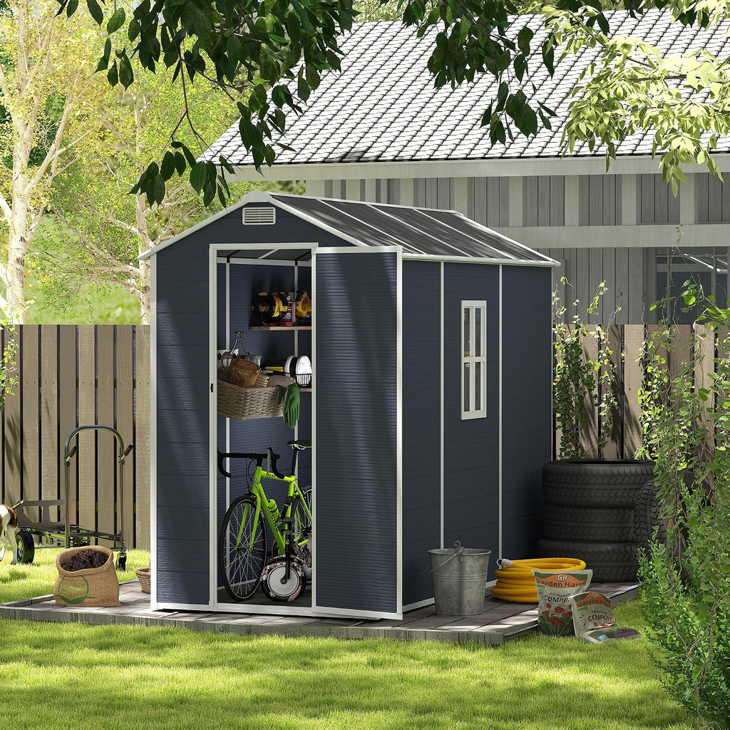 Campcraft 4x8ft Heavy Duty Resin Storage Shed - 12mm Thick PP Walls, Lockable Double Doors & HD Window, Waterproof Outdoor Garden Shed for Lawn Tools/Patio Furniture,Hurricane-Proof UV & Rust Proof