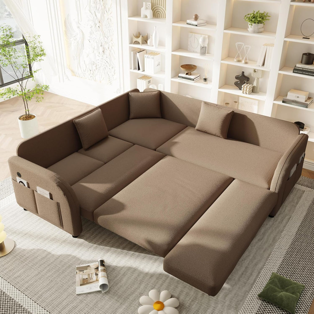 Queen Size Sleeper Sofas Convertible Couches, L Shaped Sectional Couch with Pull Out Bed, Upholstered 5-Seat Modular Sectional Sofa with Convert Left/Right Facing and USB Port for Living Room