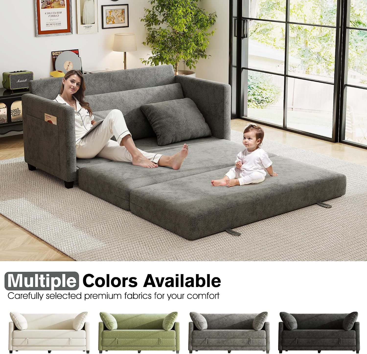 65' Loveseat Sleeper Sofa Bed, Chenille Convertible Floor Sofa Bed for Small Spaces, Folding Couch Bed with Deep Seat, 2 Pillows & Solid Frame, Pull Out Floor Couch for Living Room, Grey