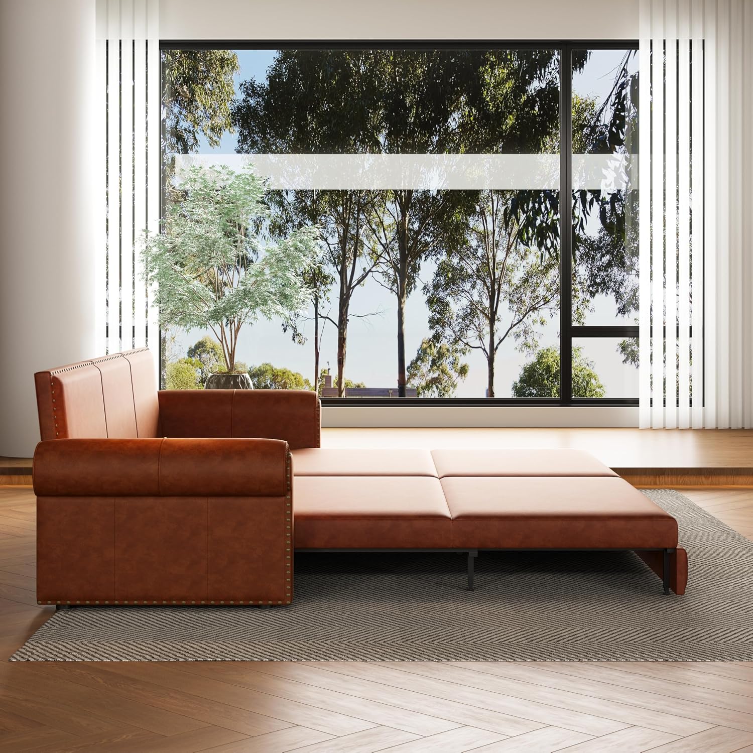 93.7' King Size Sofa Bed Couch,PU Leather 3-in-1 Convertible Pull Out Sleeper Sofa Bed,Chesterfield Sofa with Nailhead Trim and Rolled Arm,Light Brown
