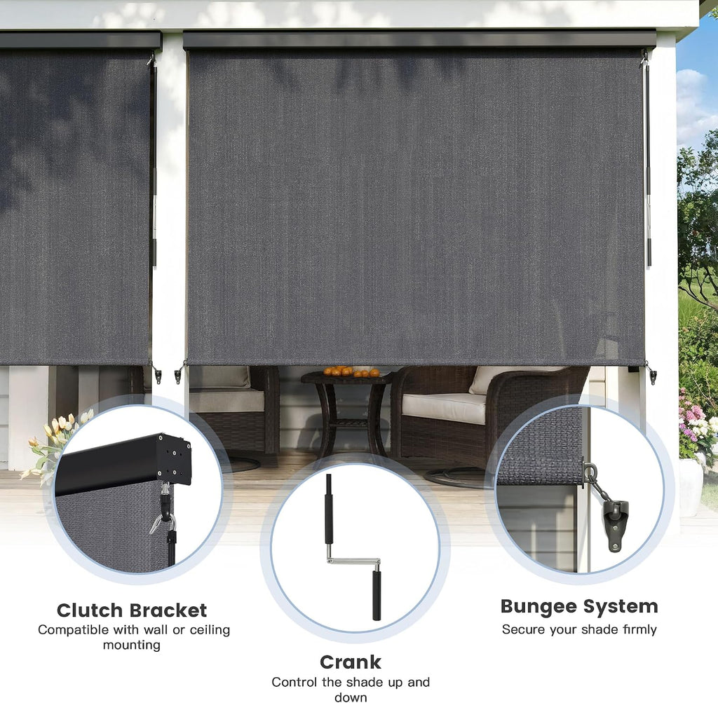 Outdoor Roller Shade, Exterior Patio Cordless Blinds with Aluminum Valance Roll Up Shades for Porch Balcony Backyard (7' W X 8' L), Anthracite Grey
