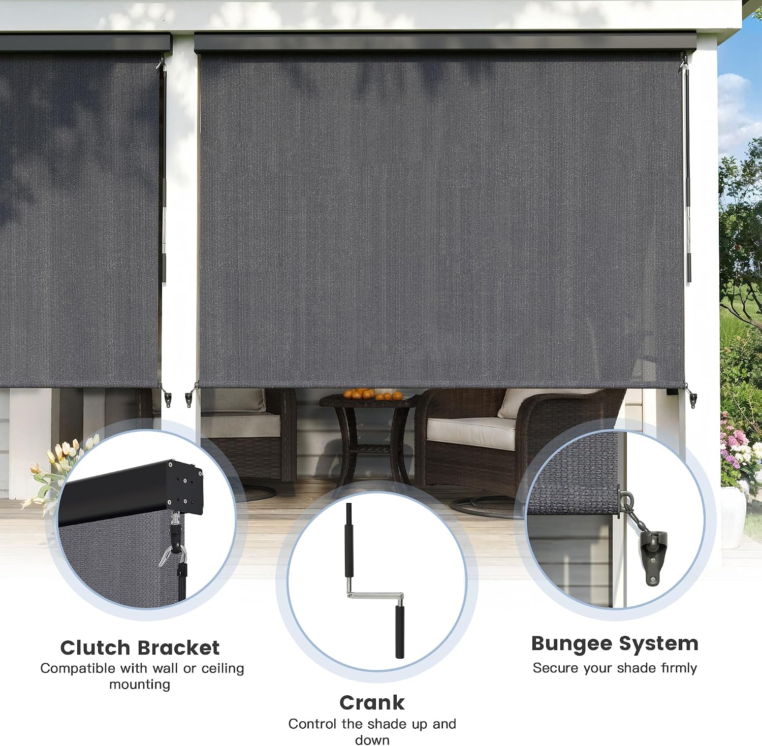 Outdoor Roller Shade, Exterior Patio Cordless Blinds with Aluminum Valance Roll Up Shades for Porch Balcony Backyard (7' W X 8' L), Anthracite Grey
