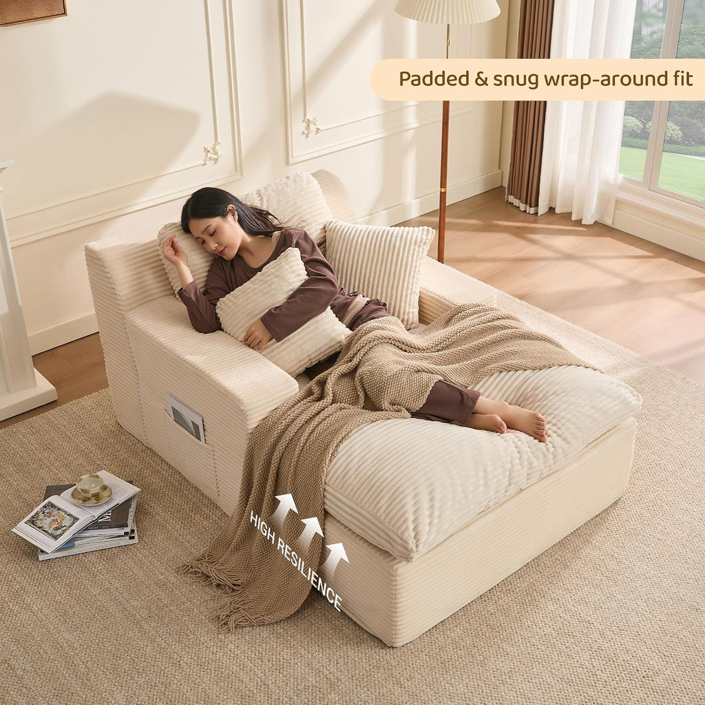 Afuson 63' Chaise Lounge Chair Indoor, Set of Convertible Sleeper Sofa Couch with Throw Pillows & Side Pockets, Corduroy Upholstered Oversized Sofa Bed with Armrests for Living Room Bedroom, Beige