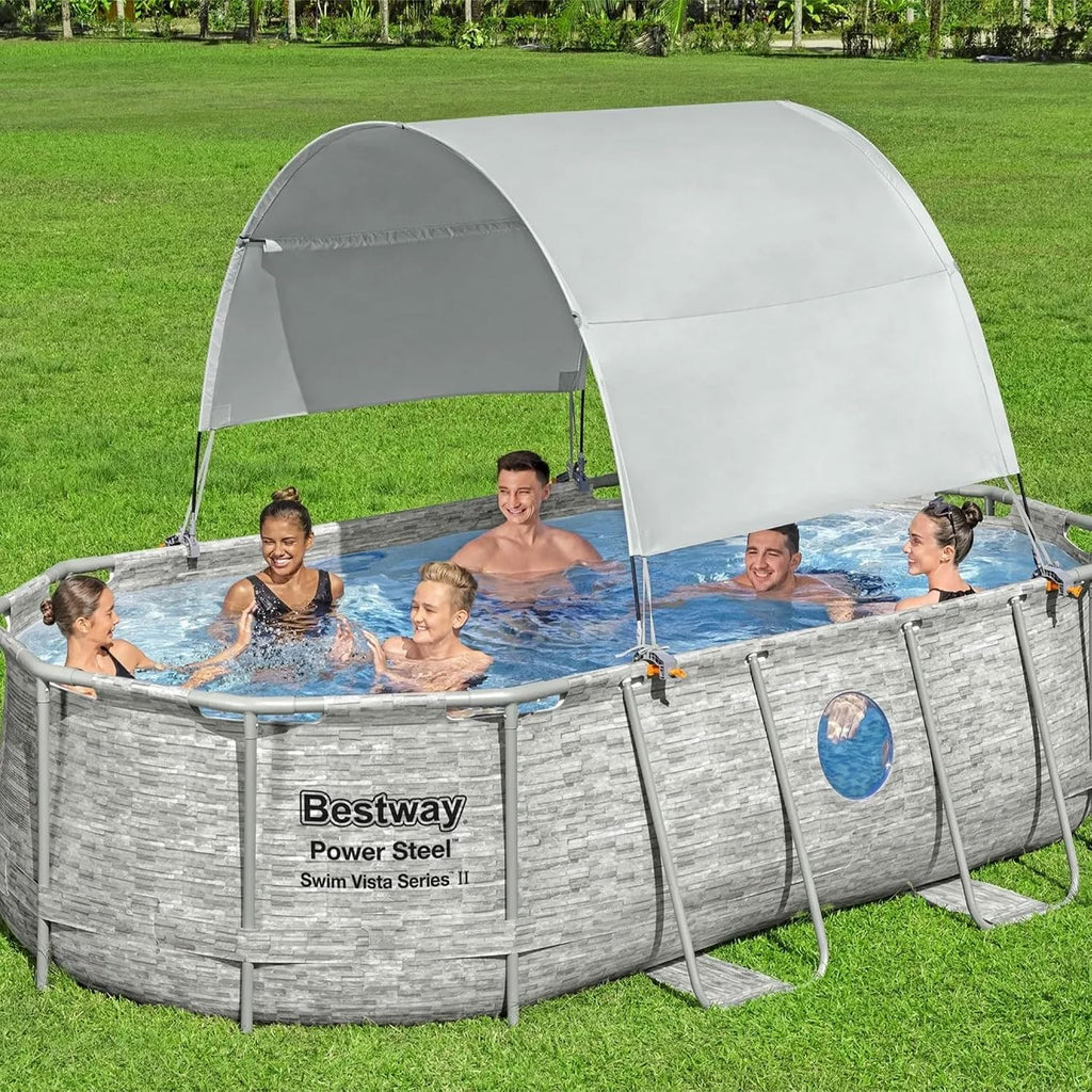 Bestway Flowclear Pool Canopy for 6' 11' to 11' 2' Above Ground Outdoor Oval or Rectangular Swimming Pools with UPF 40 Plus Sun Protection, Gray