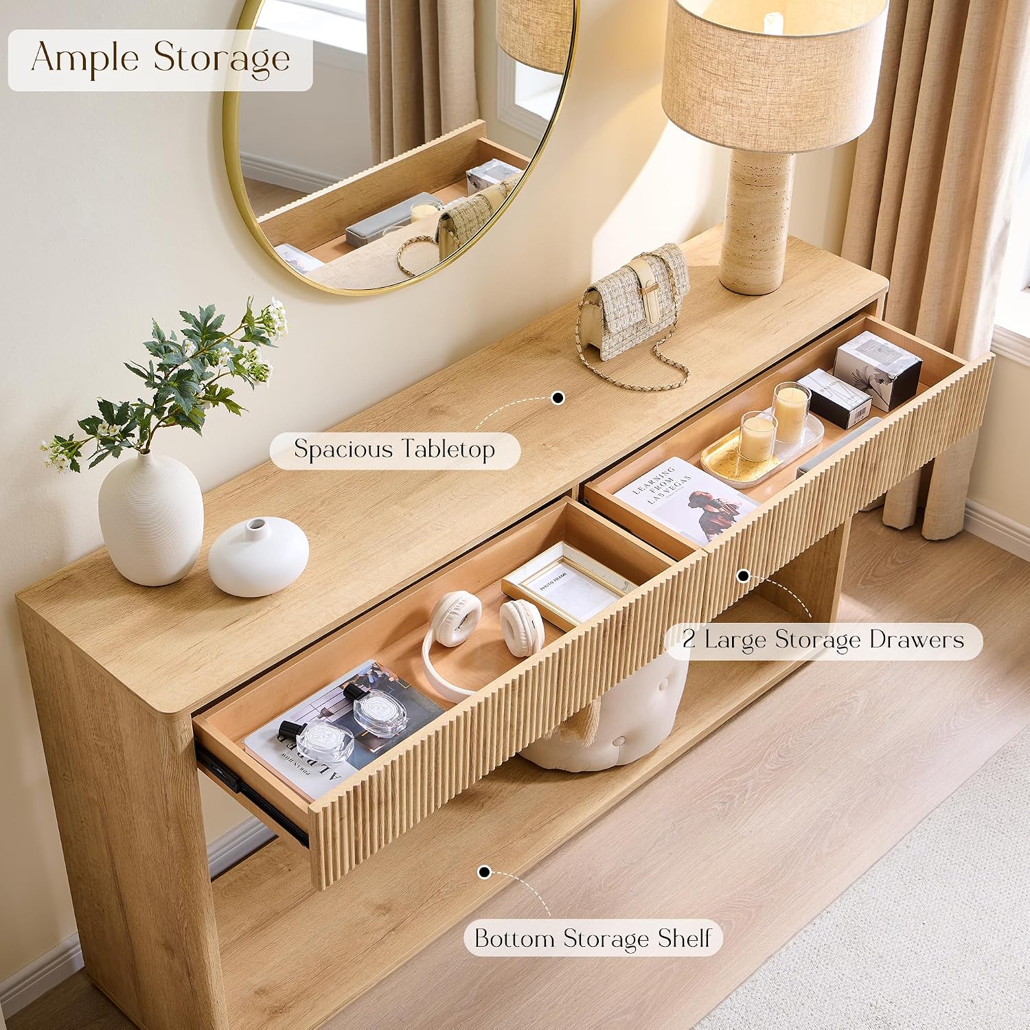 OKD 63' Fluted Console Table for Entryway, Modern Entryway Table with 2 Large Drawers, Long Sofa Table Behind Couch for Living Room, Hallway, Couch, Foyer，Natural Oak