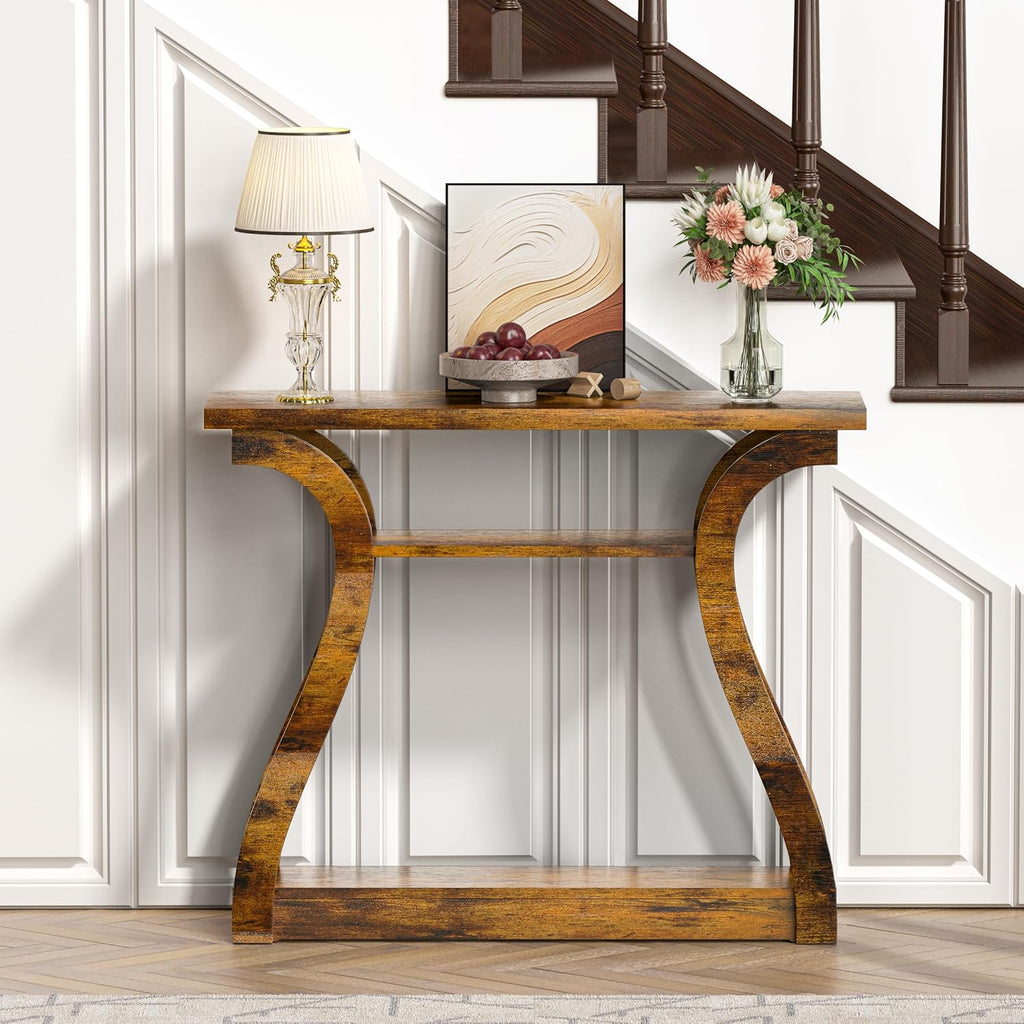 Wooden Console Table with Curved Legs and Shelf, 3-Tier Modern Accent Narrow Sofa Table for Entrance Area, Living Room, Hallway, 47 in Wide Wood Console Table for Entryway (Retro)