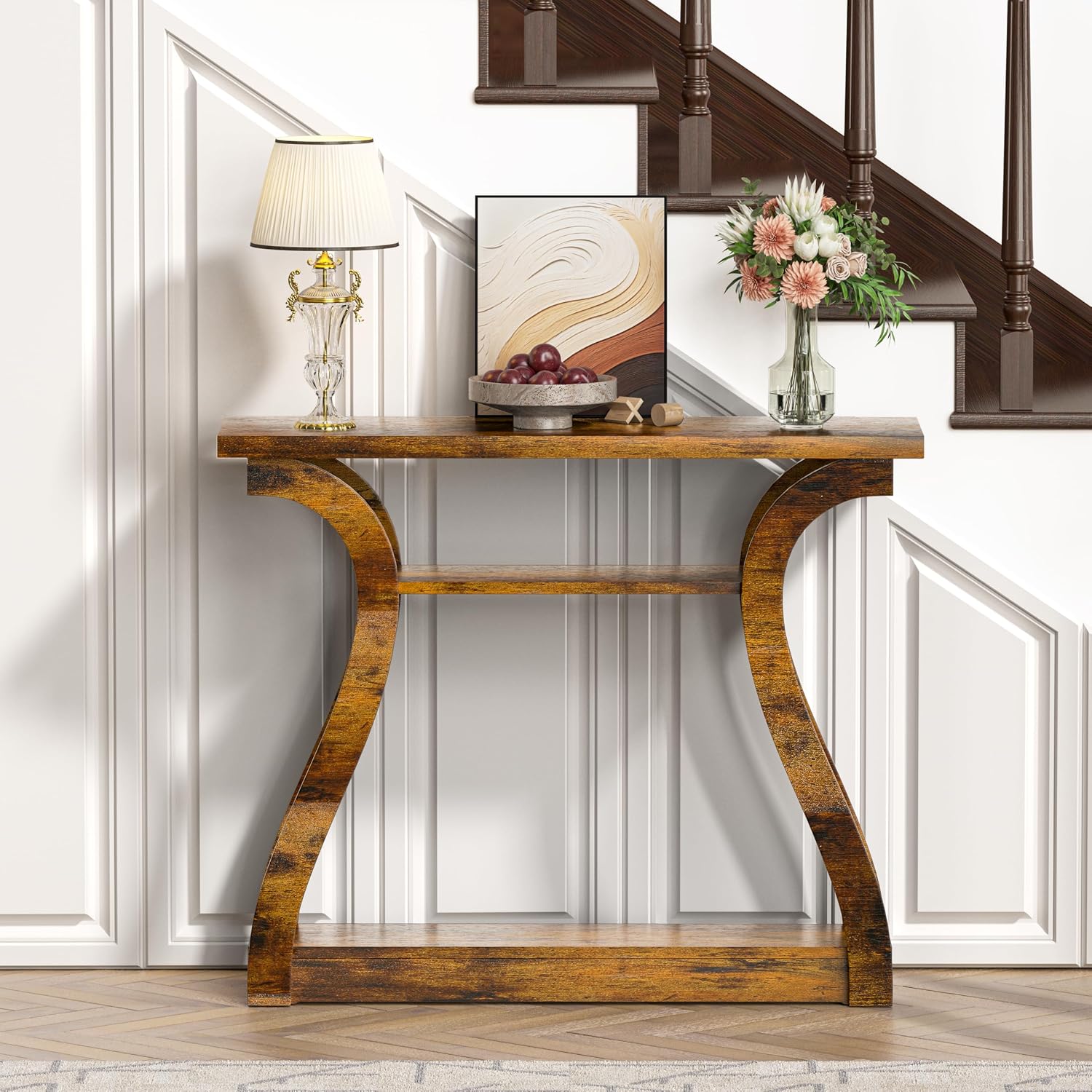 Wooden Console Table with Curved Legs and Shelf, 3-Tier Modern Accent Narrow Sofa Table for Entrance Area, Living Room, Hallway, 47 in Wide Wood Console Table for Entryway (Retro)