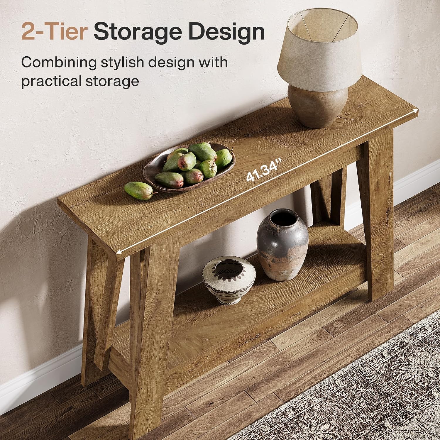 Tribesigns 41.3' Farmhouse Console Table, 2-Tier Wooden Entryway Table with Storage, Rustic Narrow Behind Couch for Living Room, Hallway, Foyer,Natural