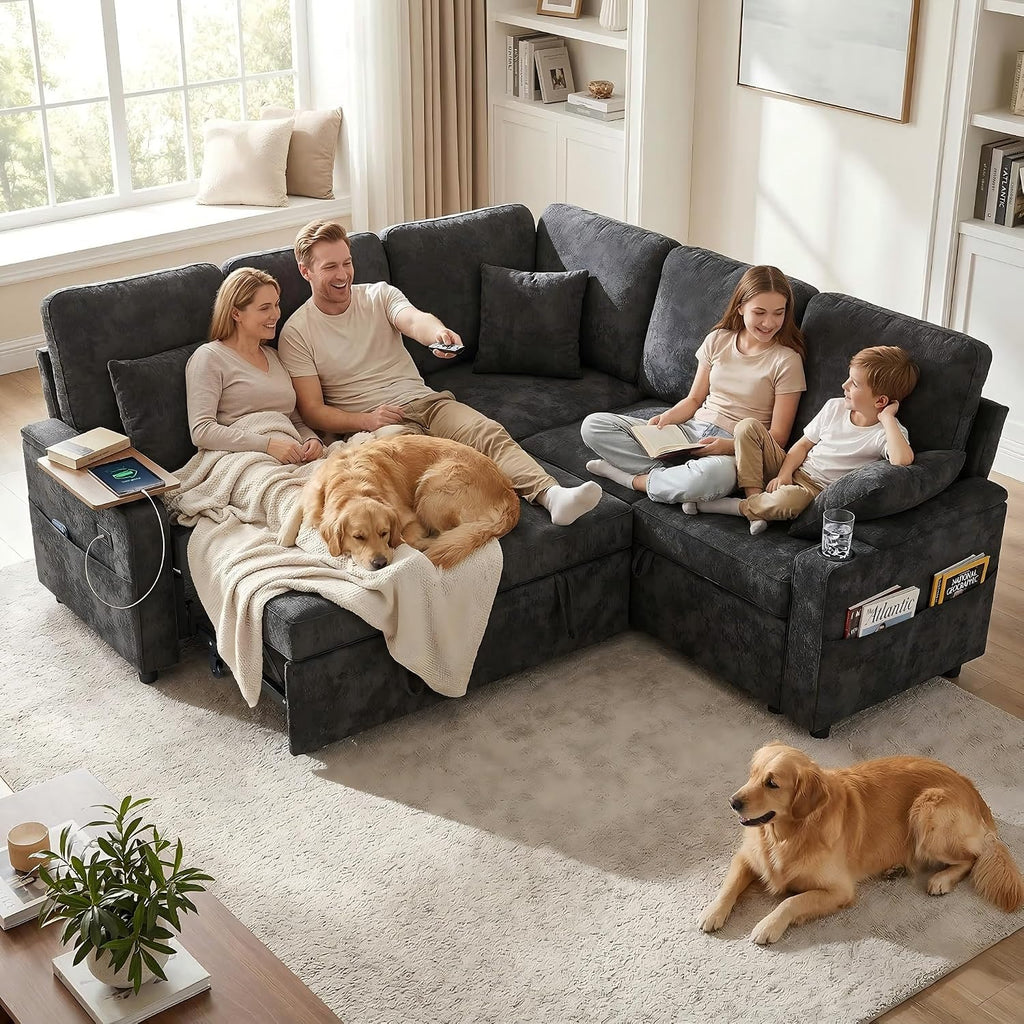 81' Modular Sectional Sofa, L Shaped 5-Seater Sleeper Sofa with Pull Out Bed, Hidden Storage, Cup Holders & USB Charging Ports, Sectional Couches for Living Room, Chenille, Black