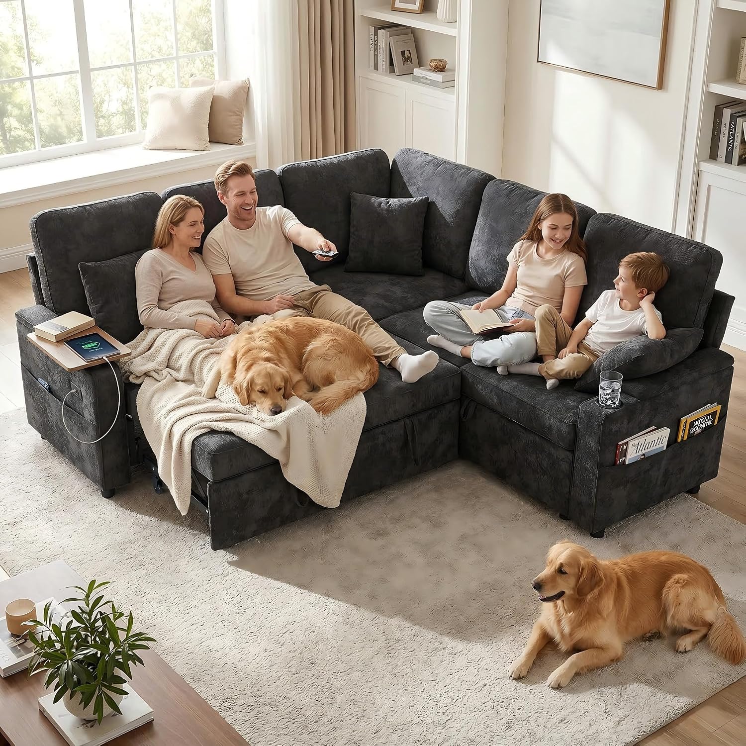 81' Modular Sectional Sofa, L Shaped 5-Seater Sleeper Sofa with Pull Out Bed, Hidden Storage, Cup Holders & USB Charging Ports, Sectional Couches for Living Room, Chenille, Black