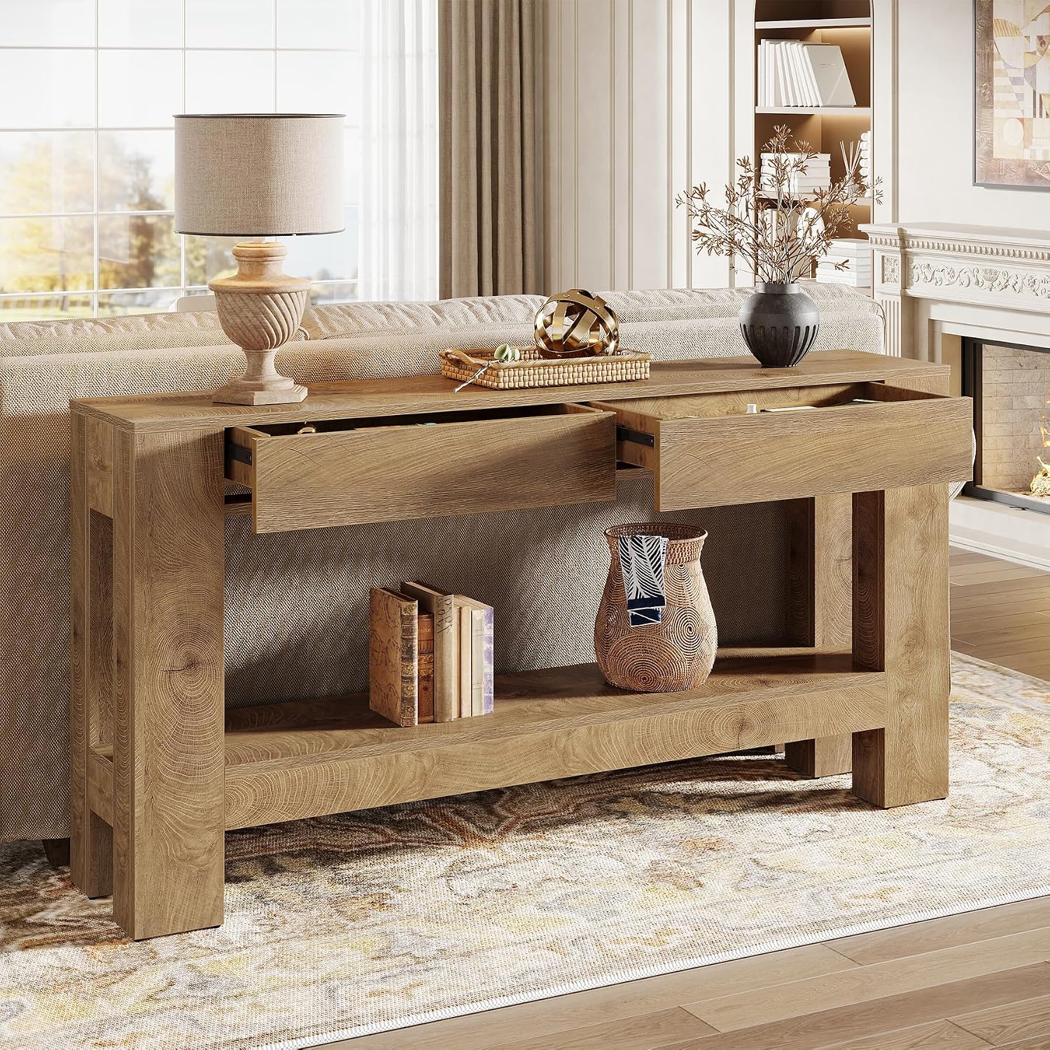 Tribesigns 63' Console Table with 2 Drawers, Farmhouse Entryway Table with Storage Shelf and Sturdy Legs, Wooden Sofa Table for Living Room, Hallway, Entrance (Brown)