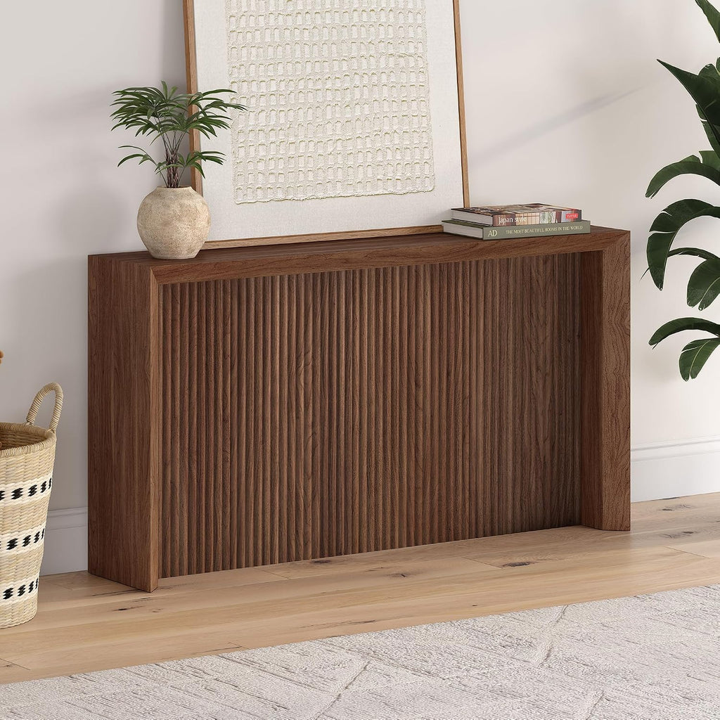 Henn&Hart 56' Fluted Wooden Rectangular Console Table Ribbed Entryway Table, Sofa Table for Entryway, Living Room, Couch, Hallway, or Office, Medium Walnut