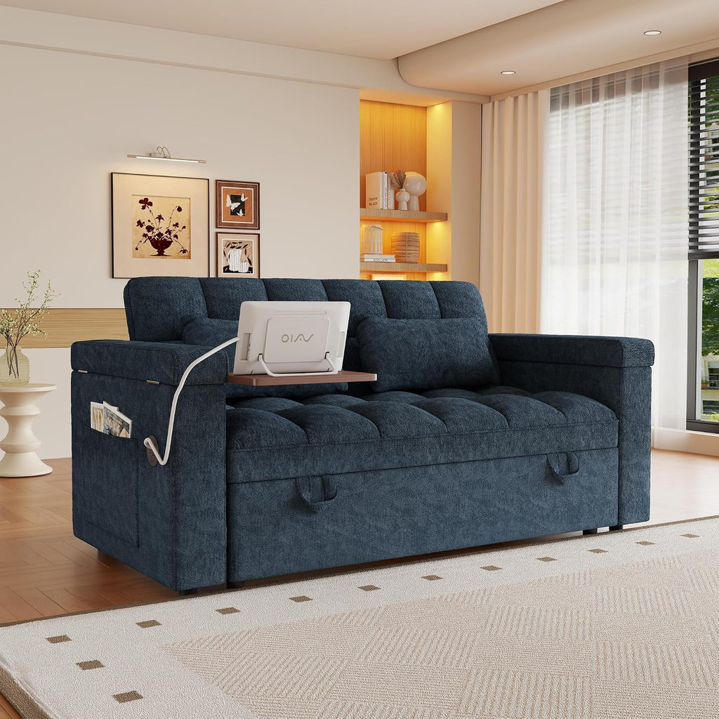 3 in 1 Convertible Sleeper Sofa, 65in Sleeper Couch with Pull Out Bed, Oversized Loveseat Futon Sofa Hide-A-Bed w/Adjustable Backrest, Storage Armrests and Laptop Table for Living Room, Blue | Sleeper Sofa, Pullout Couch Bed, Small Places