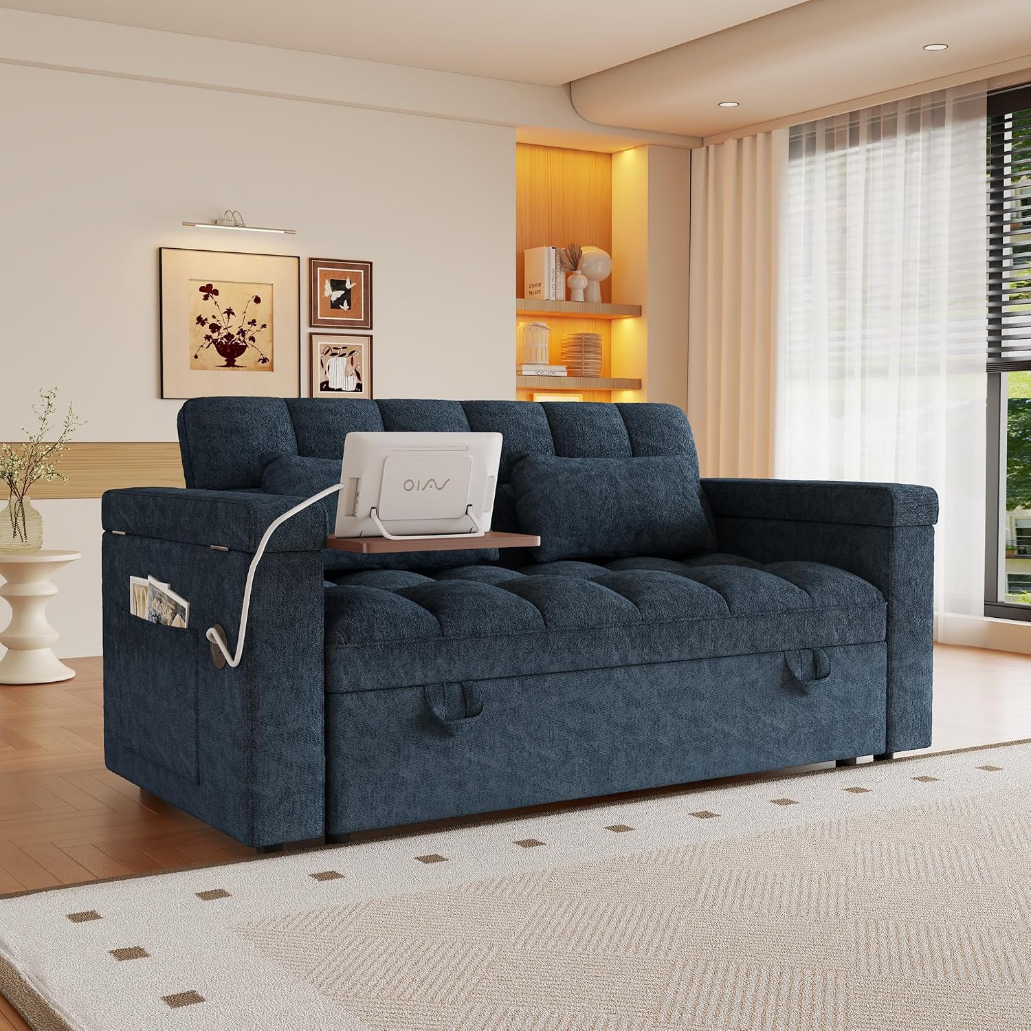 3 in 1 Convertible Sleeper Sofa, 65in Sleeper Couch with Pull Out Bed, Oversized Loveseat Futon Sofa Hide-A-Bed w/Adjustable Backrest, Storage Armrests and Laptop Table for Living Room, Blue | Sleeper Sofa, Pullout Couch Bed, Small Places