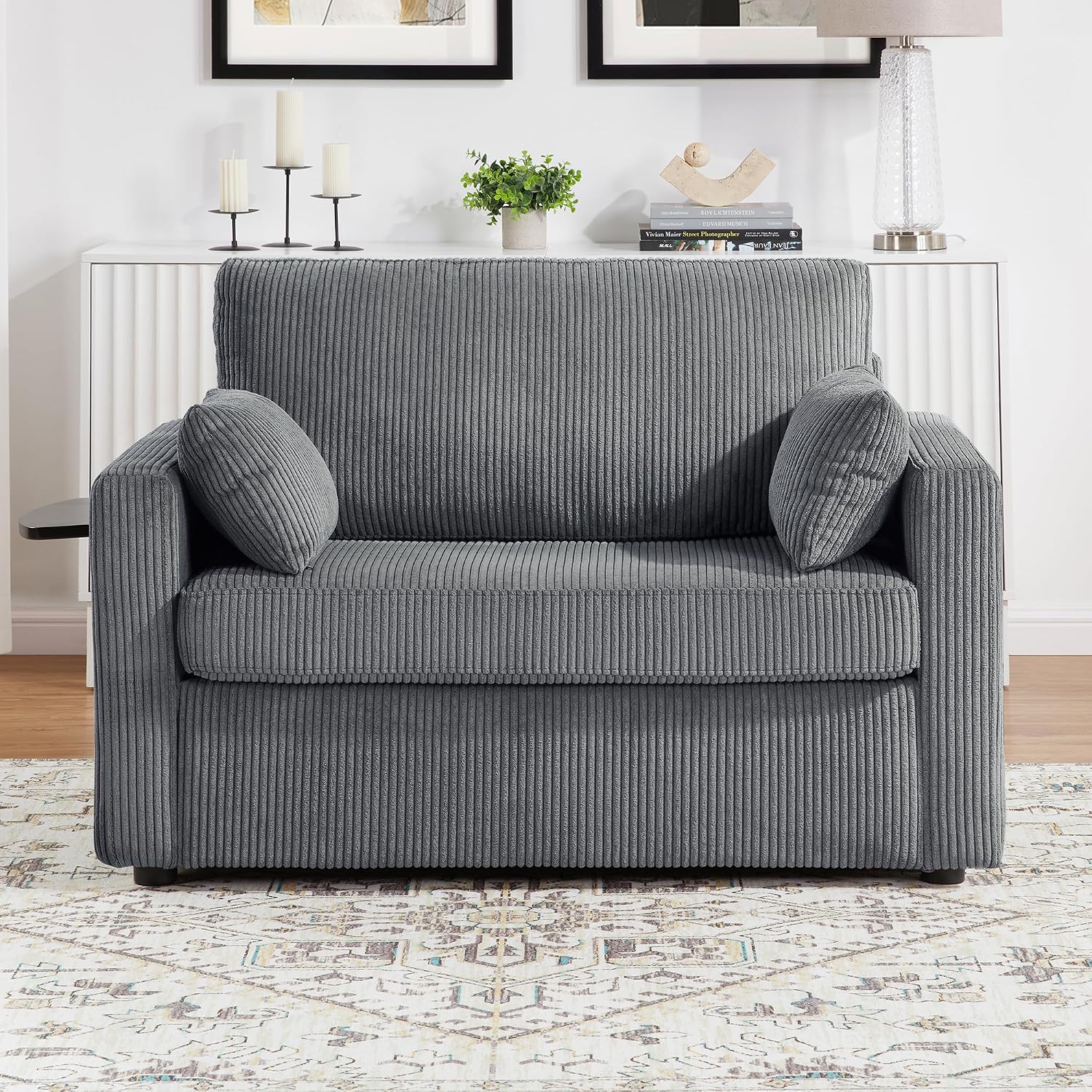 Twin Size Sofa Bed 47.2' Sleeper Sofa Loveseat Sofa with a Foldable Mattress, a Foldable Side Table, a Side Storage Pocket and Two USB Ports for Living Room, Gray