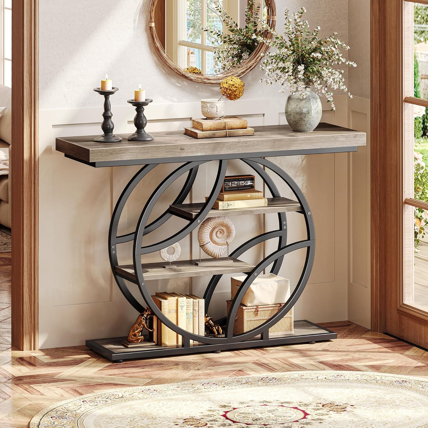 Huuger 41.3 Inch Entryway Table, Modern Console Sofa Table, Accent Table with Shelves, for Entry, Hallway, Entrance, Foyer, O-Shaped Metal Frame, Grey