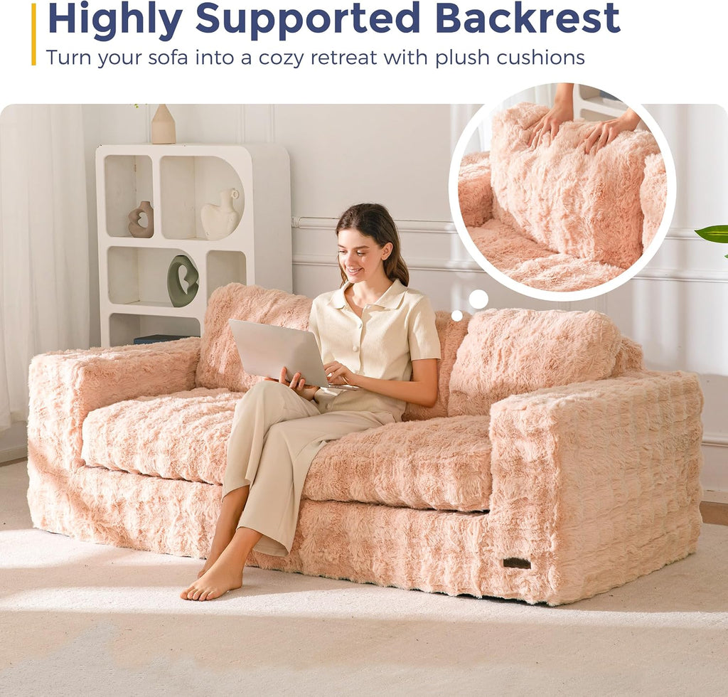MAXYOYO 3 Seater Sofa for Living Room, Tufted Boneless Couch Bubbled Sofa Couch, Comfy Bean Bag Chair for Bedroom Apartment, No Assembly Needed, Pink