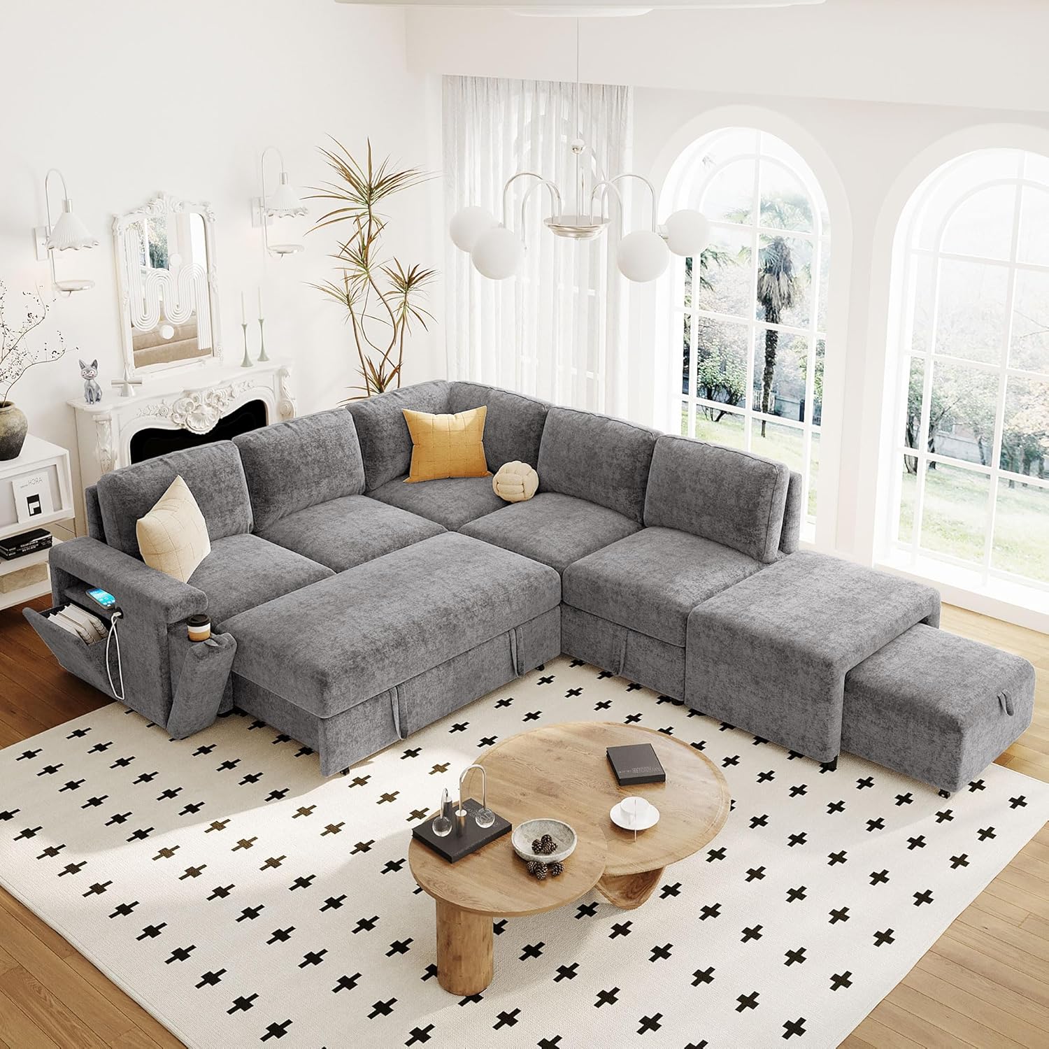 LUMISOL 90' Convertible Sleeper Sofa Bed with Ottoman, L-Shaped Sectional Sofa Bed with USB Ports, Cup Holders & Storage, Modular Sofa Pull Out Couch Bed with Storage Chaise for Living Room, Gray