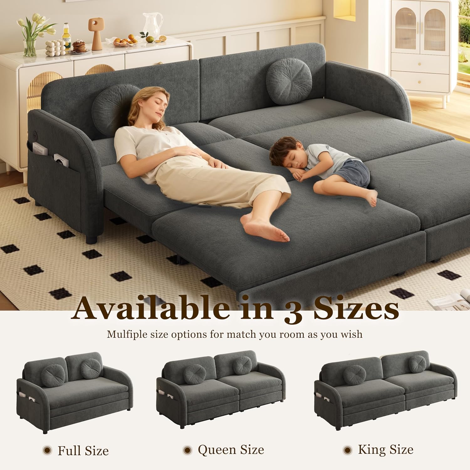 65.4'' Pull Out Couch Bed Queen Size, Chenille Sleeper Sofa Daybed, 3 in 1 Convertible Couches, Futon Sofa with 2 Pillows, Storage Pockets, USB, Loveseat for Small Spaces, Living Room, Grey