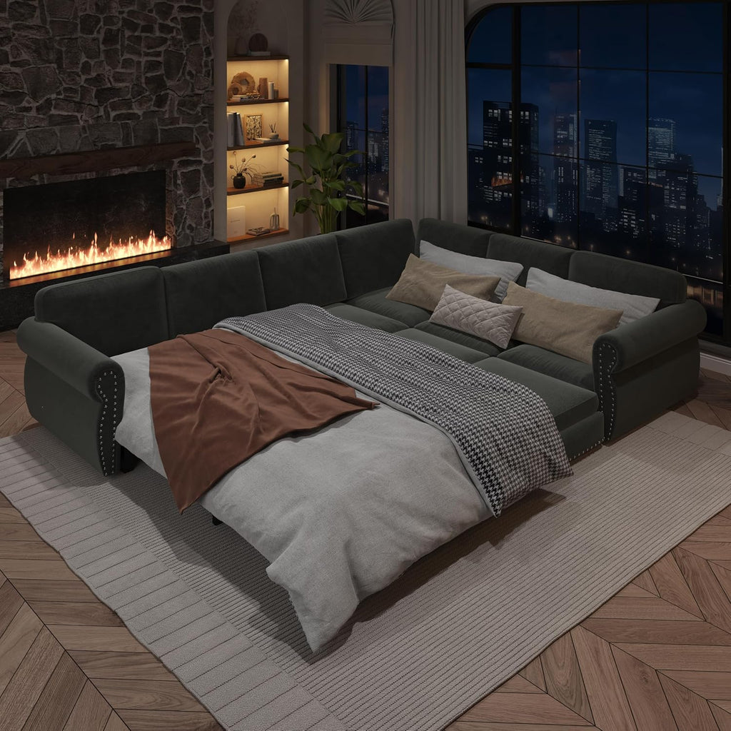 118'' Sleeper Sofa Bed with Pull Out Couch Bed, Chenille L Shaped Sectional Sofa with Nailhead Trim & Rolled Arm, 6 Seater Corner Sectional Couches for Living Room Furniture, Dark Grey