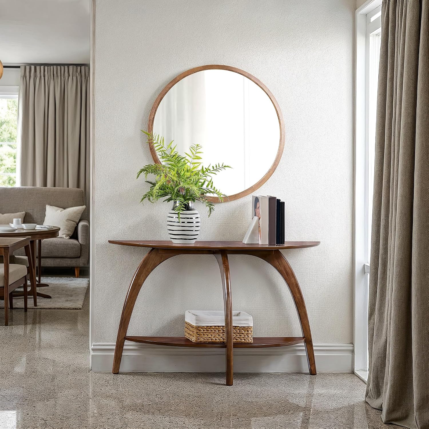 Martin Svensson Home LAX Retro Mid-Century Modern Half-Moon Wood Sofa Table with Lower Shelf, Console Table for Living Room or Entryway. Walnut Brown