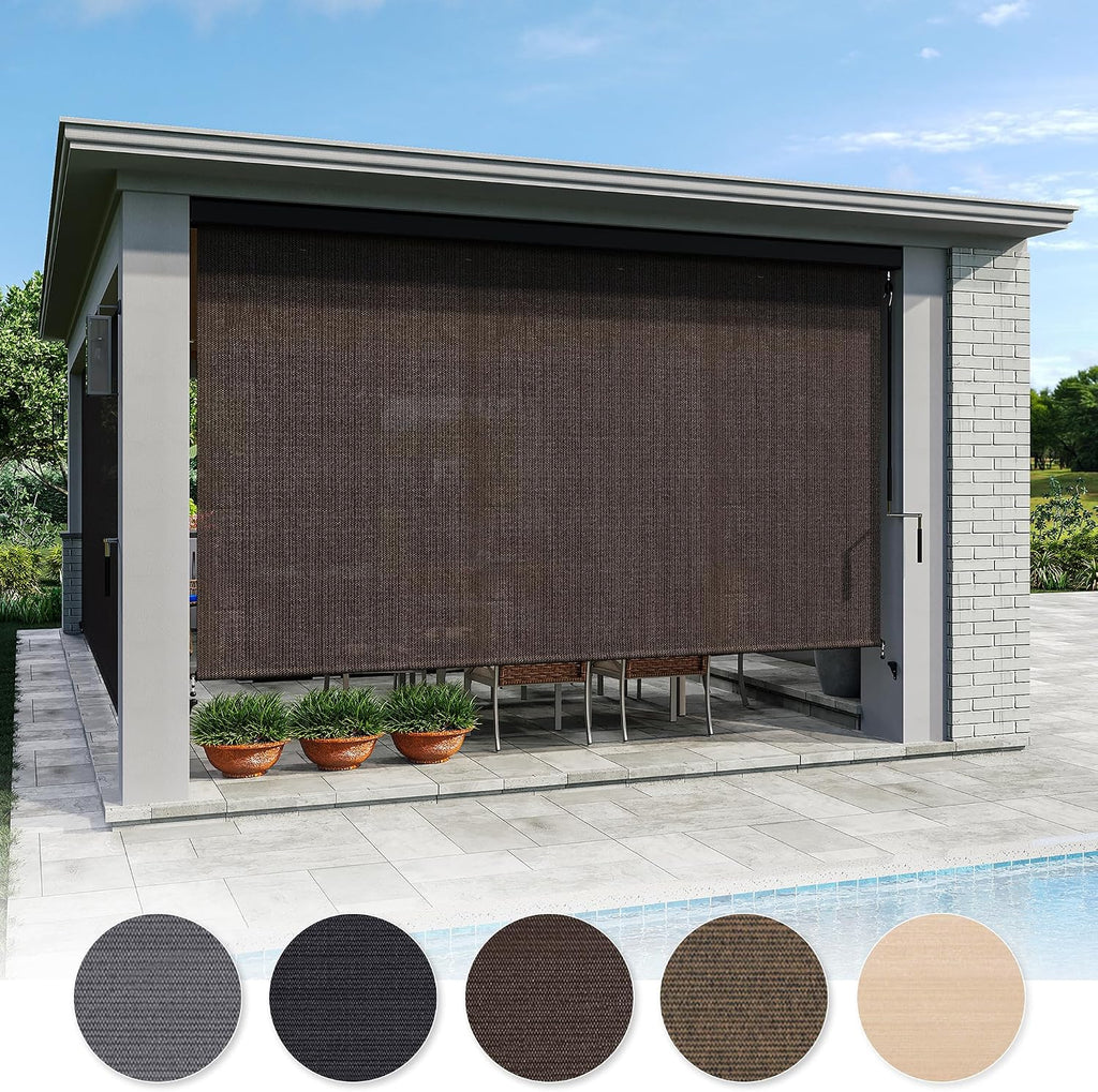 VICLLAX Premium Outdoor Roller Shade, 95% Patio Cordless Blinds with Weather Resistant Valance 8x8FT,Chocolate