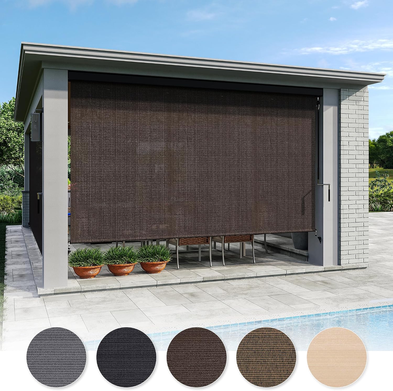 VICLLAX Premium Outdoor Roller Shade, 95% Patio Cordless Blinds with Weather Resistant Valance 8x8FT,Chocolate
