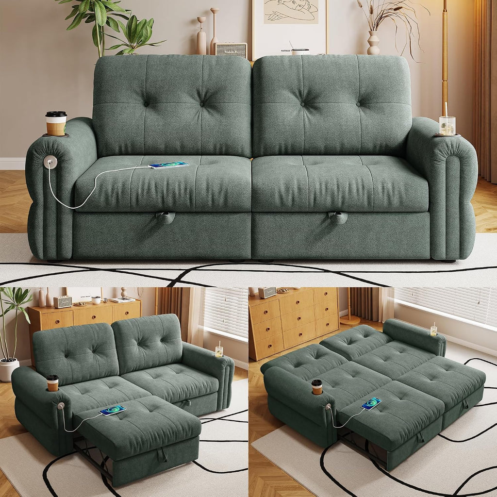 80.4' Queen Sleeper Sofa Bed, 3 in 1 Convertible Pull Out Couch with USB Ports & Cup Holders, Modern Chenille Loveseat Sofabed with Adjustable Backrest for Living Room, Bedroom, Apartment