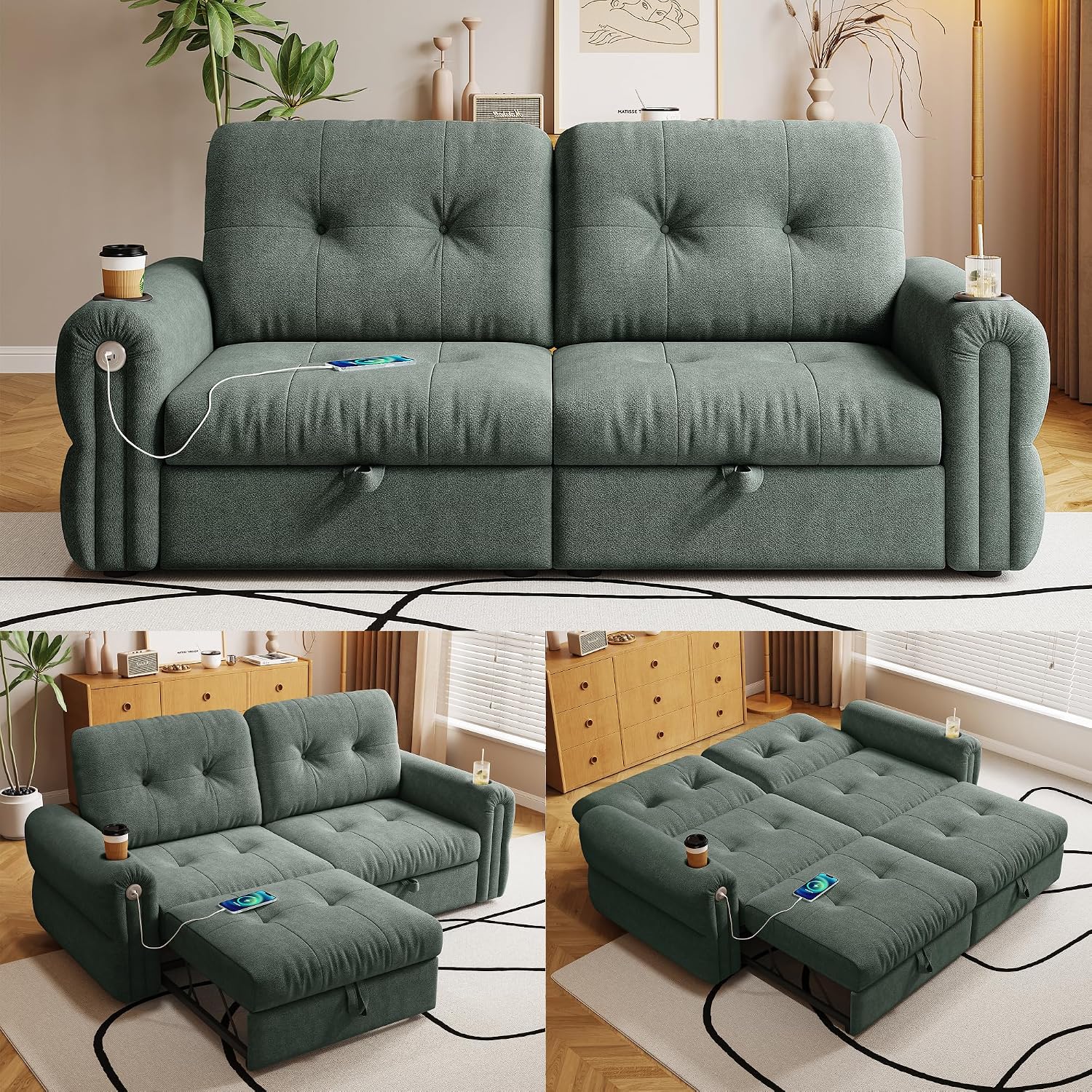 80.4' Queen Sleeper Sofa Bed, 3 in 1 Convertible Pull Out Couch with USB Ports & Cup Holders, Modern Chenille Loveseat Sofabed with Adjustable Backrest for Living Room, Bedroom, Apartment