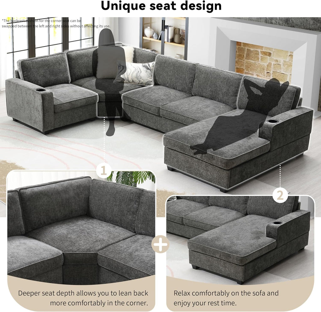 Merax Modern U-Shaped Cloud Couch Set with Oversized Chaise Lounge, Chenille 6-Seat Sectional Sofa Sleeper Bed with Cup Holders for Living Room Dark Gray