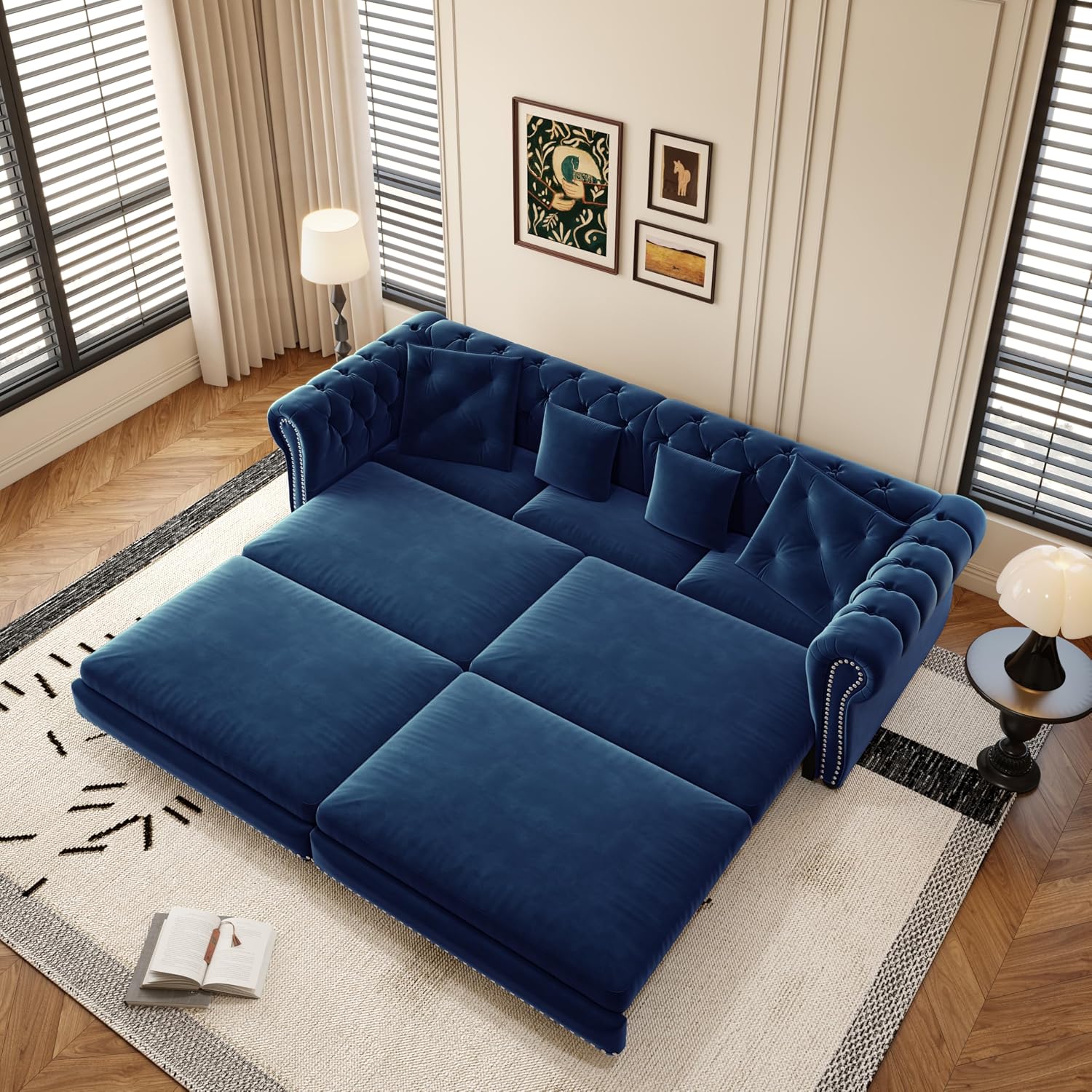 Eafurn 3 in 1 Oversized Chesterfield Loveseat Sofa Convertible Pull Out Sleeper Sofabed King Size Couch Bed w/Movable Ottoman and Nailhead Trim for Living Room Tufted Velvet Recliner Daybed Sofacama