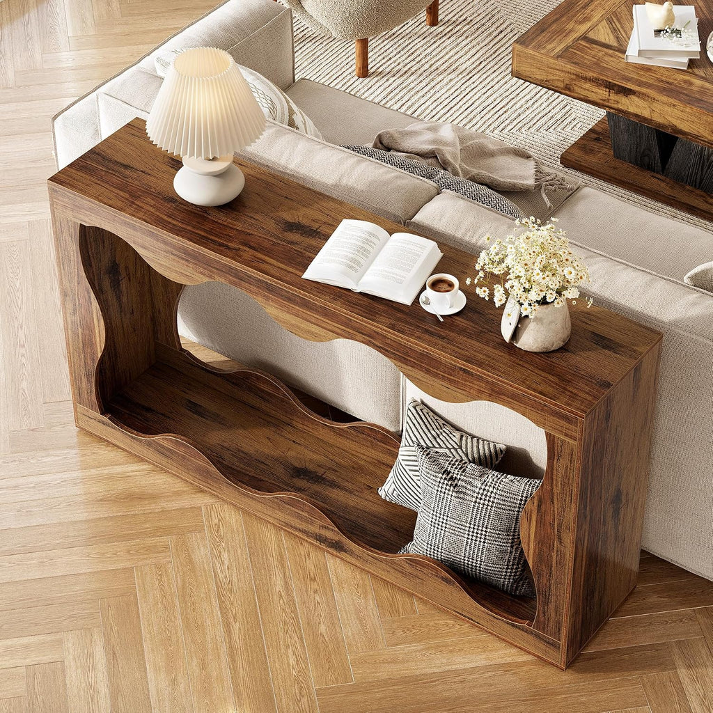 LITTLE TREE 63-Inch Entryway Table, Chic Design, Farmhouse Sofa Table Behind Couch, Scalloped Console Table with Build-in Storage Space for Entryway, Living Room, Hallway